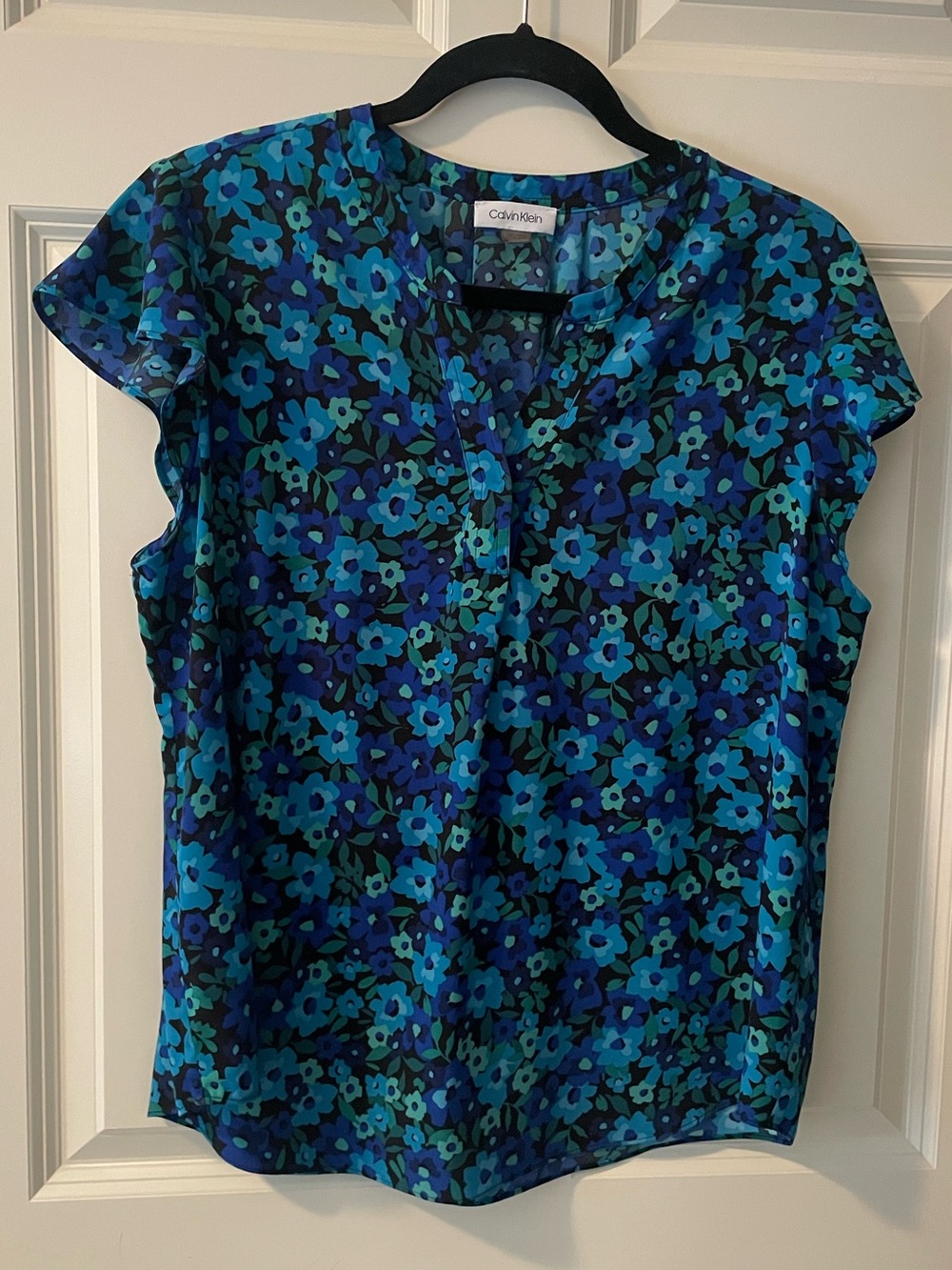 Calvin Klein Blue Floral Cap-Sleeve Blouse